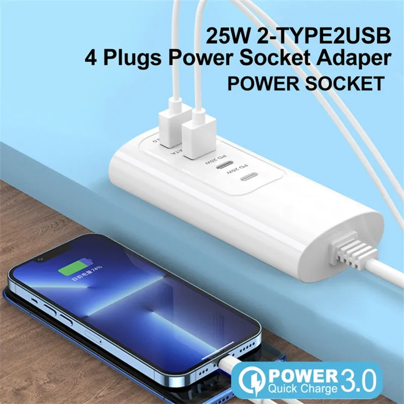 0.3m USB Plug PD 25W Fast Charge Power Socket 2 USB   2 Type-C Phone Tablet Charger Charging Station