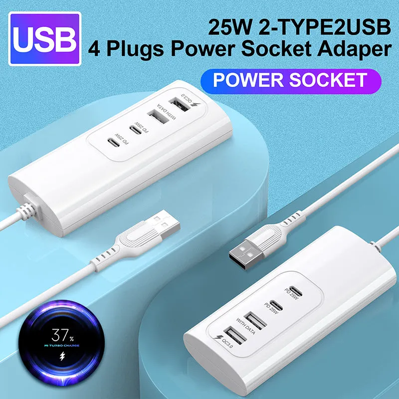 0.3m USB Plug PD 25W Fast Charge Power Socket 2 USB   2 Type-C Phone Tablet Charger Charging Station