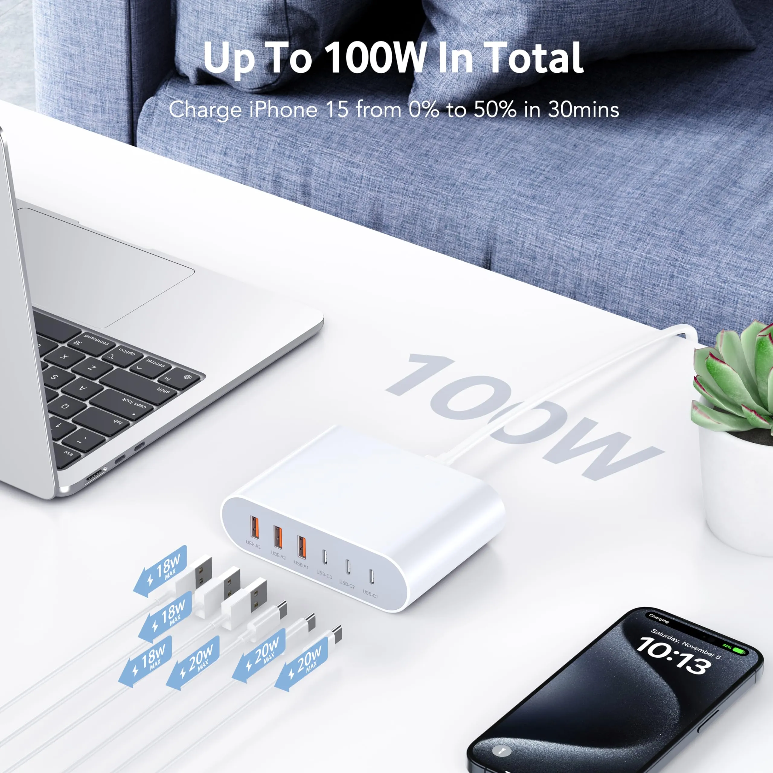 100W USB C Fast Charger Block Compact GaN 6 Port PD USB C and QC USB A Wall Charger Type C Charging Station Hub Adapter Plug Cube Brick for iPhone 15 14 13 12 Pro Max iPad Pro Air Samsung Pixel LG