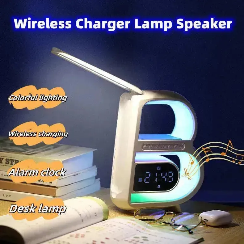 2024 New B-Shaped Portable Bluetooth Speaker Multifunctional Smart Music Rhythm LED Lighting Phone Wireless Charger TF Card AUX Input Standard Mode