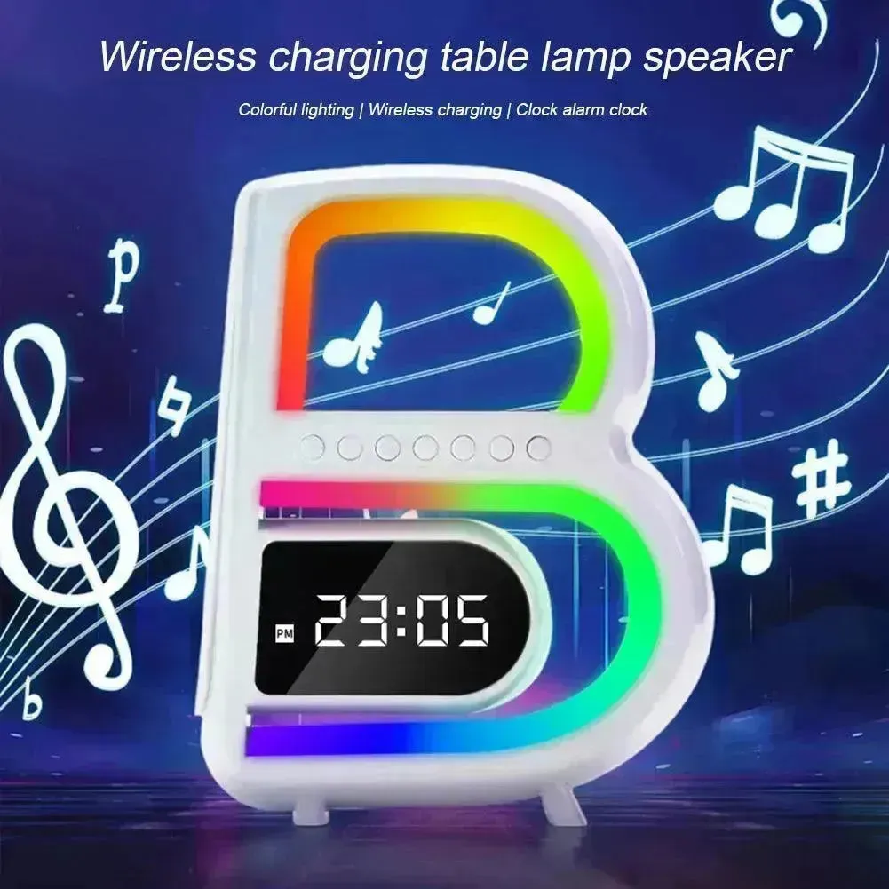 2024 New B-Shaped Portable Bluetooth Speaker Multifunctional Smart Music Rhythm LED Lighting Phone Wireless Charger TF Card AUX Input Standard Mode