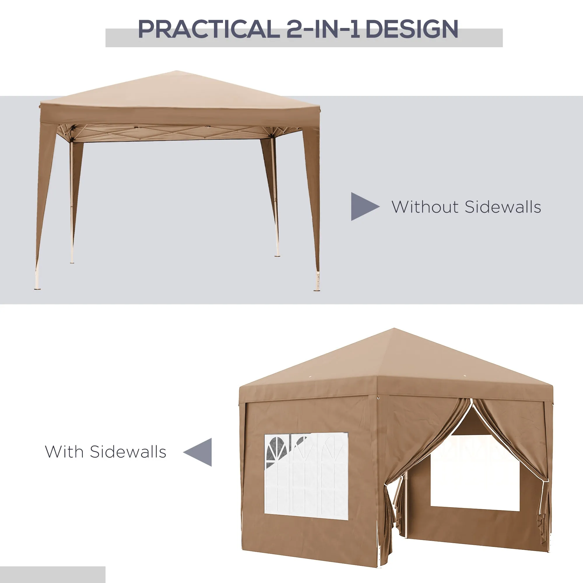 3 x 3m Pop Up Gazebo, Wedding Party Canopy Tent Marquee with Carry Bag and Windows, Coffee