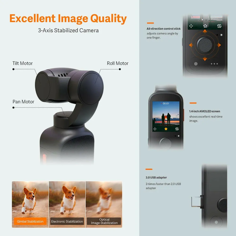 90FUN Capture 1 Vlogging Camera Handheld 3-Axis Stabilized Gimbal Vlog Camera One-click Editing AI Smart Tracking 4K/60fps Video 116°  Wide Angle Lens Built-in Battery Multiple Modes Pocket-Sized