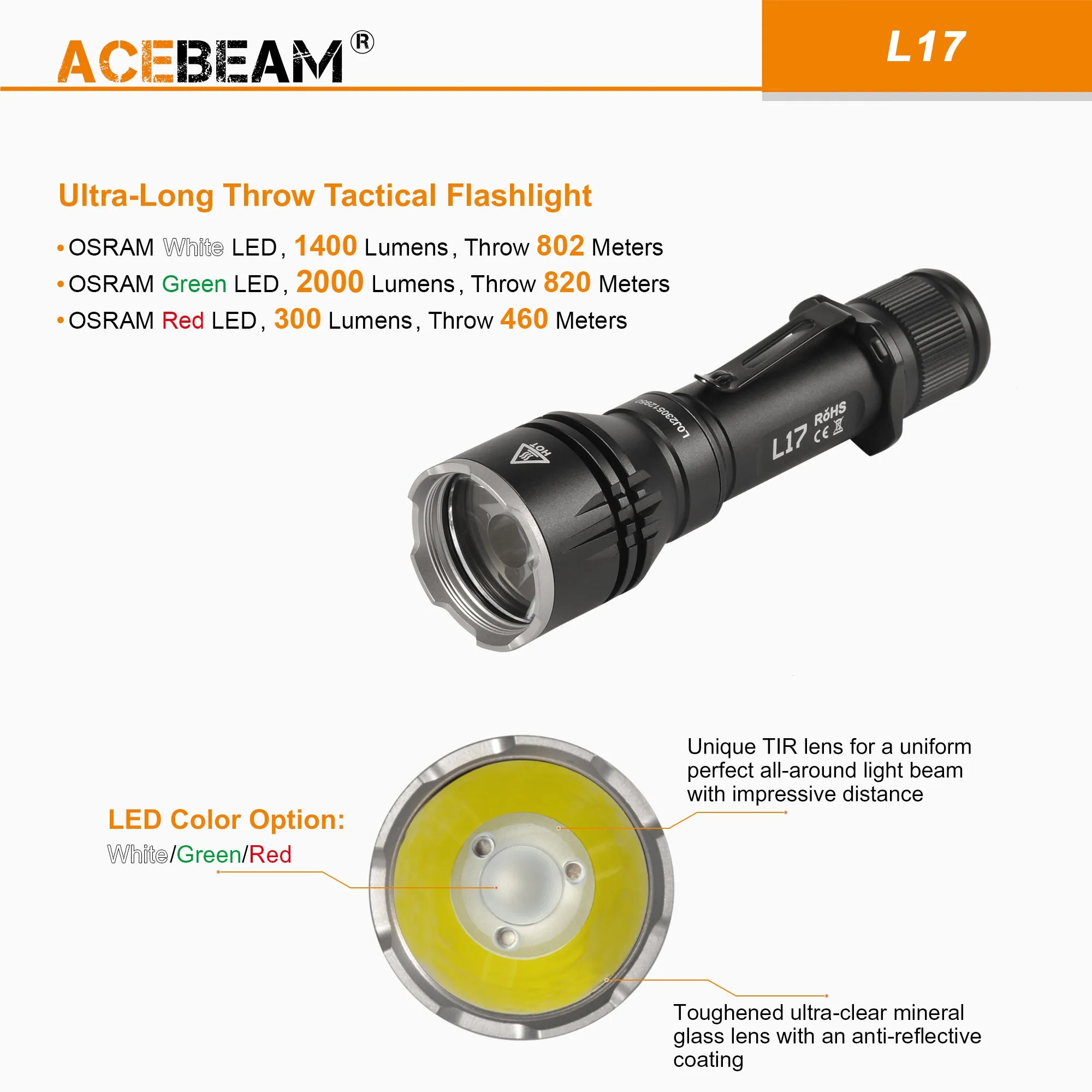 Acebeam L17 Tactical Flashlight with White, Green, Red LED Light, with USB Rechargeable 18650 Battery