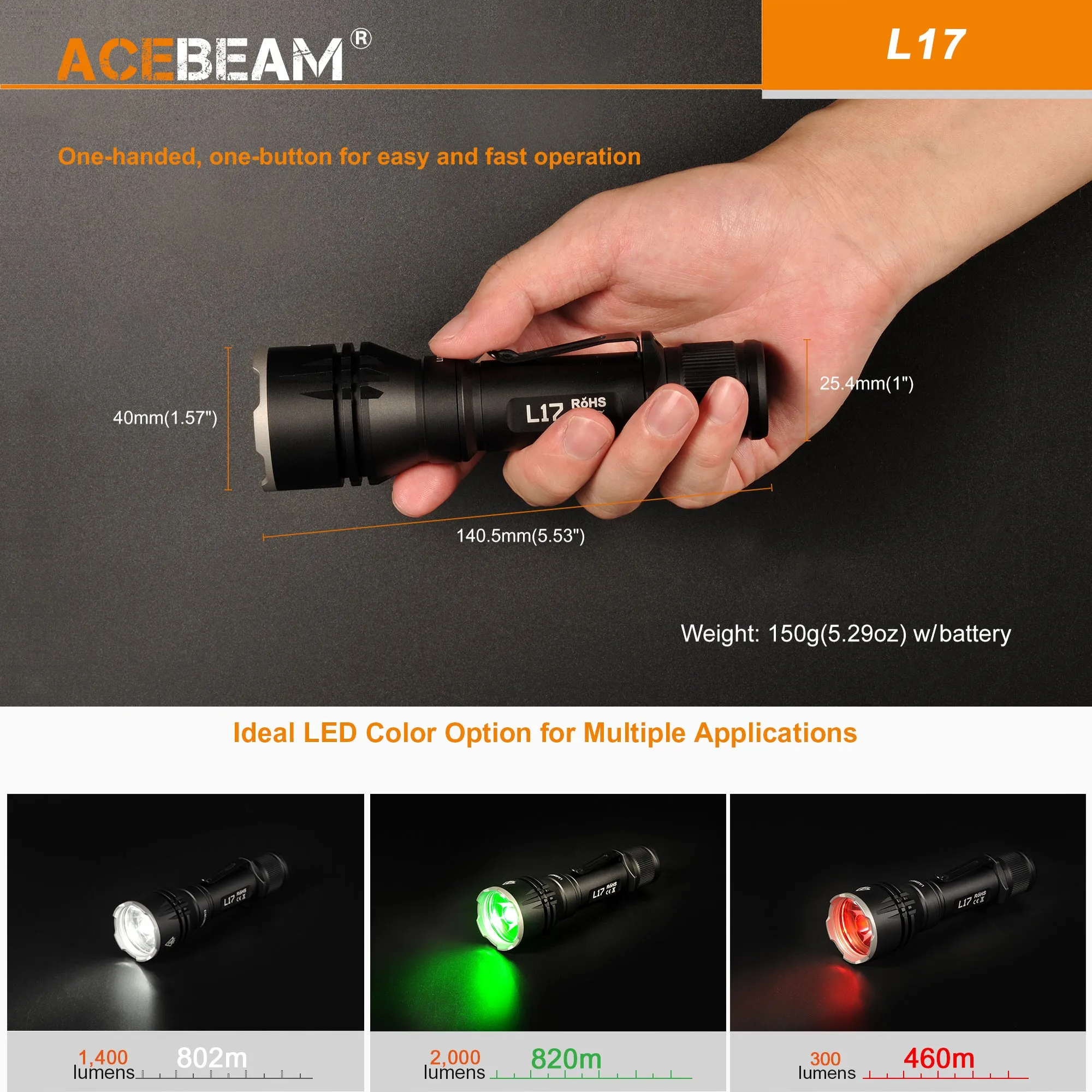 Acebeam L17 Tactical Flashlight with White, Green, Red LED Light, with USB Rechargeable 18650 Battery