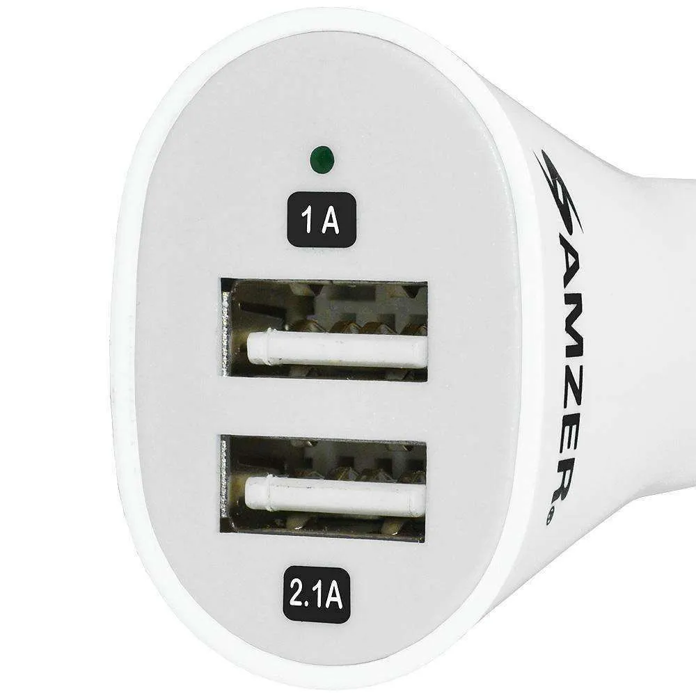 AMZER 2.1A/ 1A Dual USB 2 Port Handy Car Charger (White)