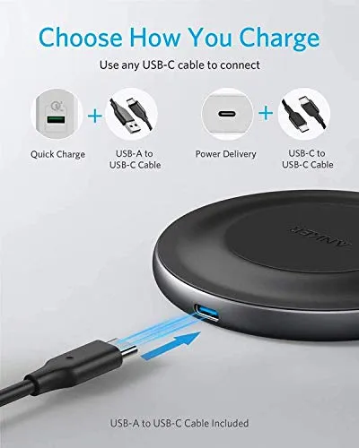 Anker 15W Max Wireless Charger with USB-C, PowerWave Alloy Pad, Qi Certified Fast Charging for iPhone SE, 11, 11 Pro, 11 Pro Max, X, Xs, Xr, Galaxy S20 S10 S9, Note 10, Note 9 & More (No AC Adapter)