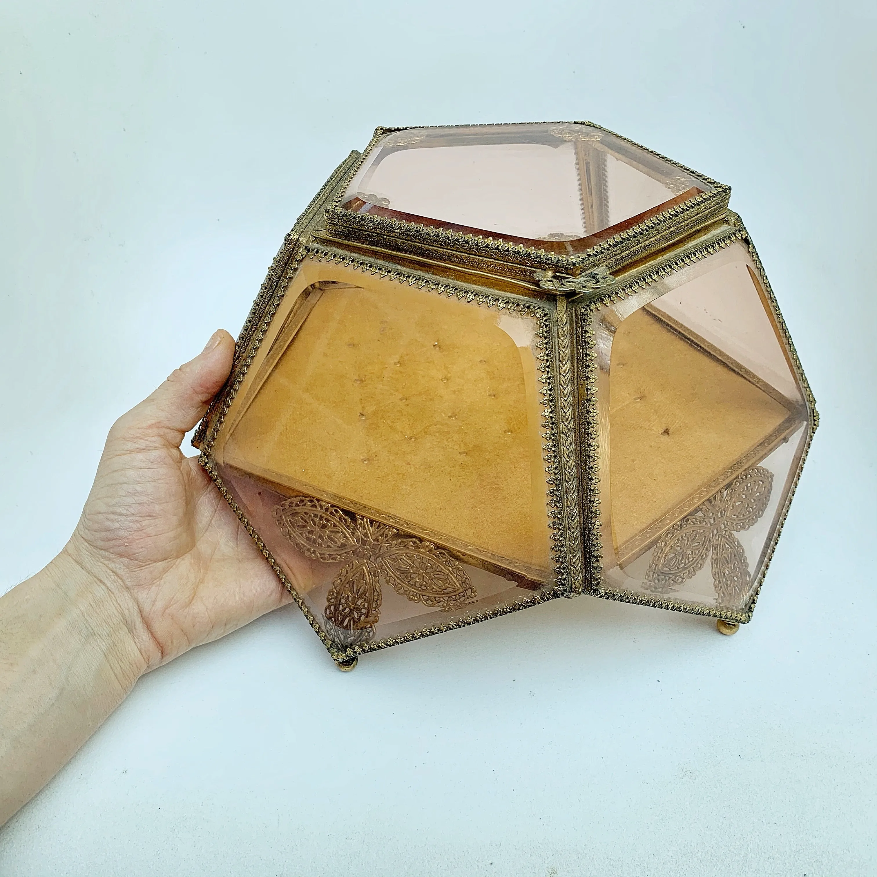 Antique Amber Tinted French Victorian Rare Jewelry Box