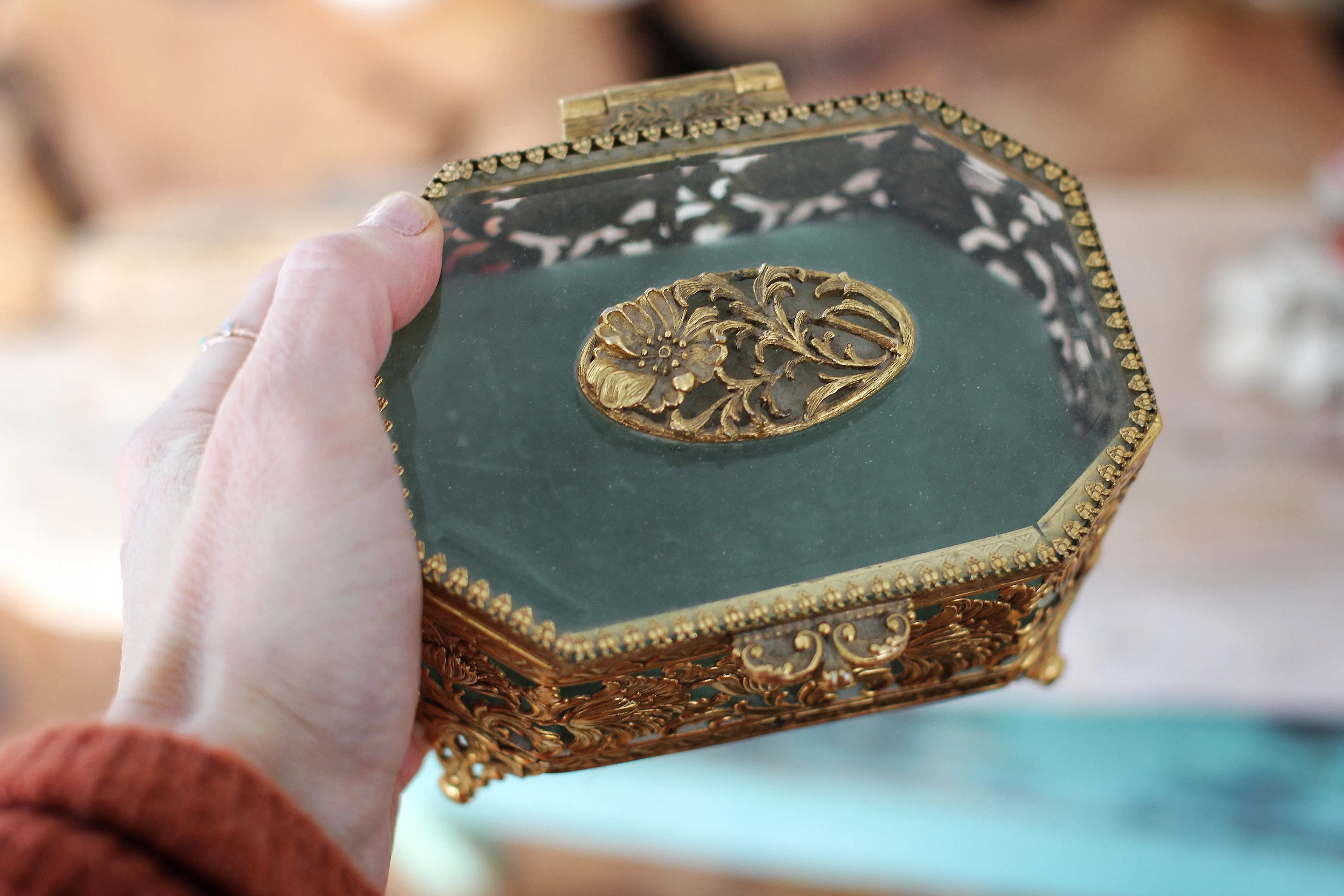 Antique Turquoise Floral Dogwood Jewelry Box