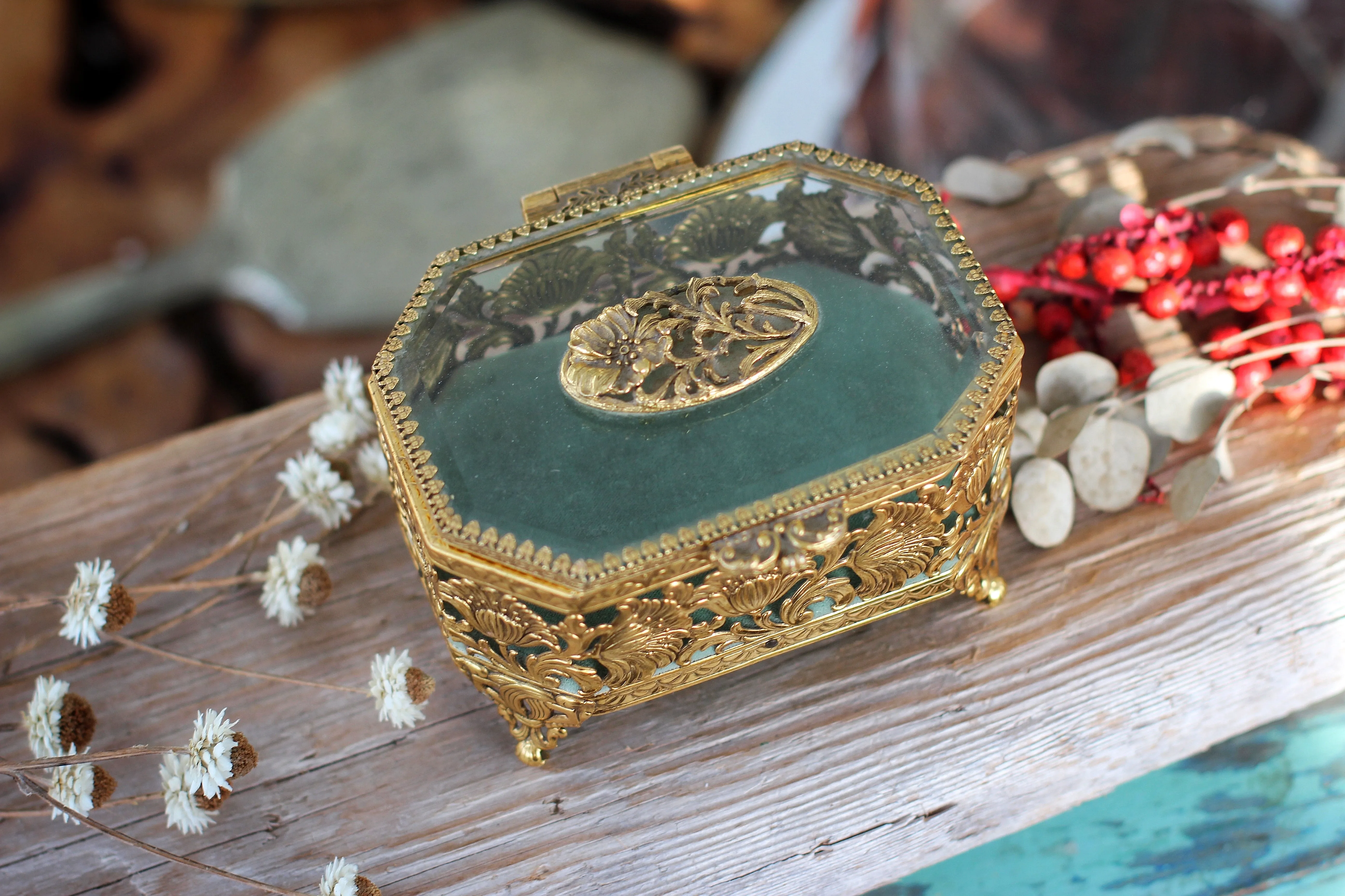 Antique Turquoise Floral Dogwood Jewelry Box