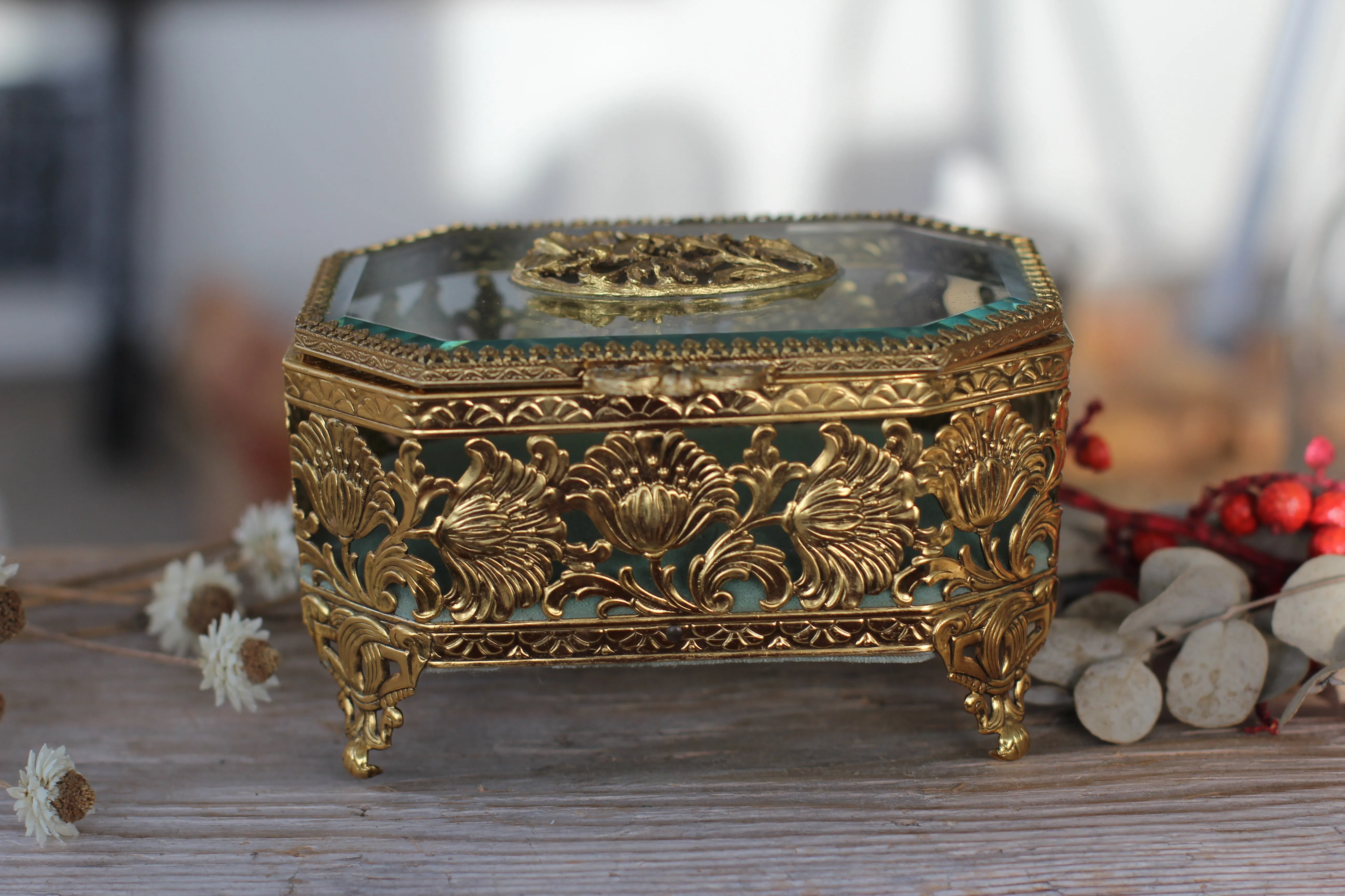 Antique Turquoise Floral Dogwood Jewelry Box