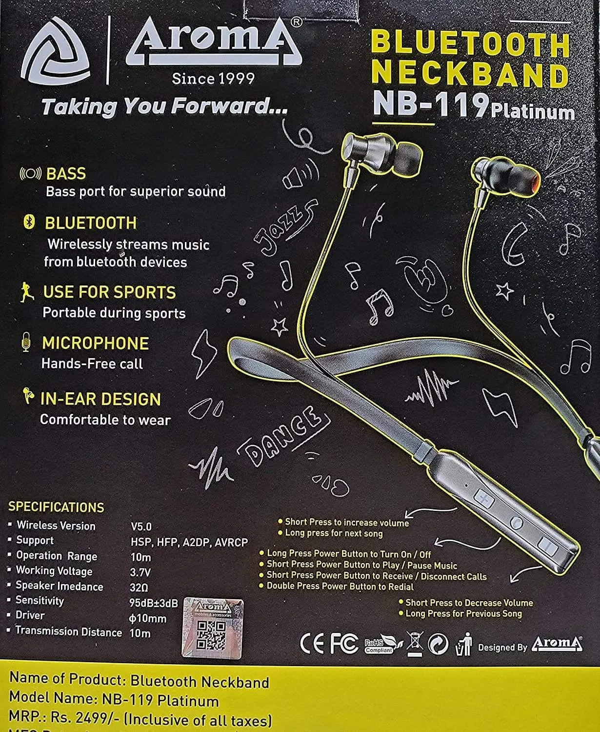 Aroma  NB-119 Platinum Yellow Series Bluetooth Neckband Headphones