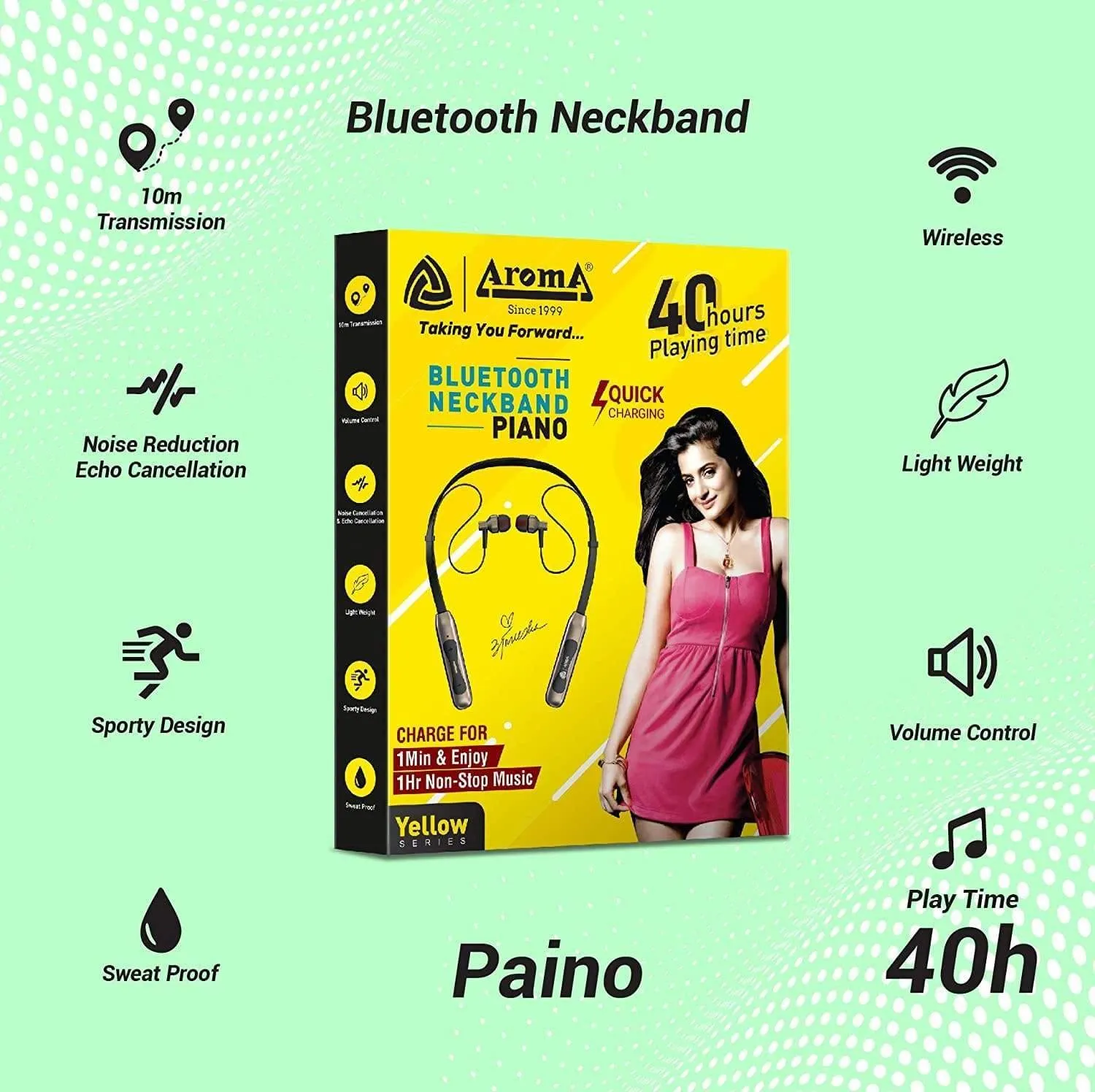 Aroma Piano Yellow Series in Ear Bluetooth Neckband Headphones