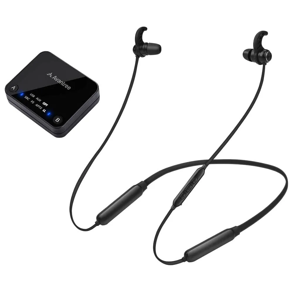 Avantree HT4186BLK Wireless Neckband Earbuds for TV with Transmitter (30m Range)