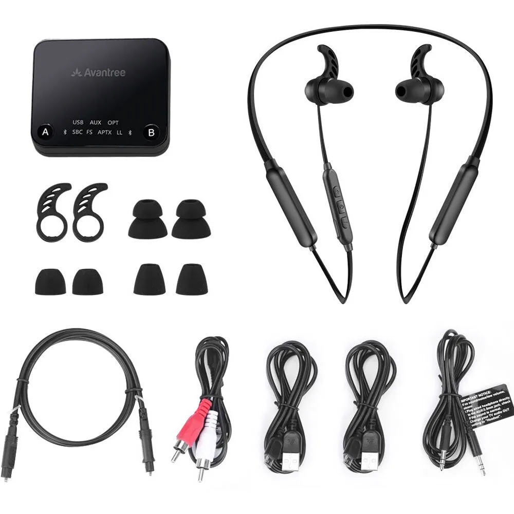 Avantree HT4186BLK Wireless Neckband Earbuds for TV with Transmitter (30m Range)