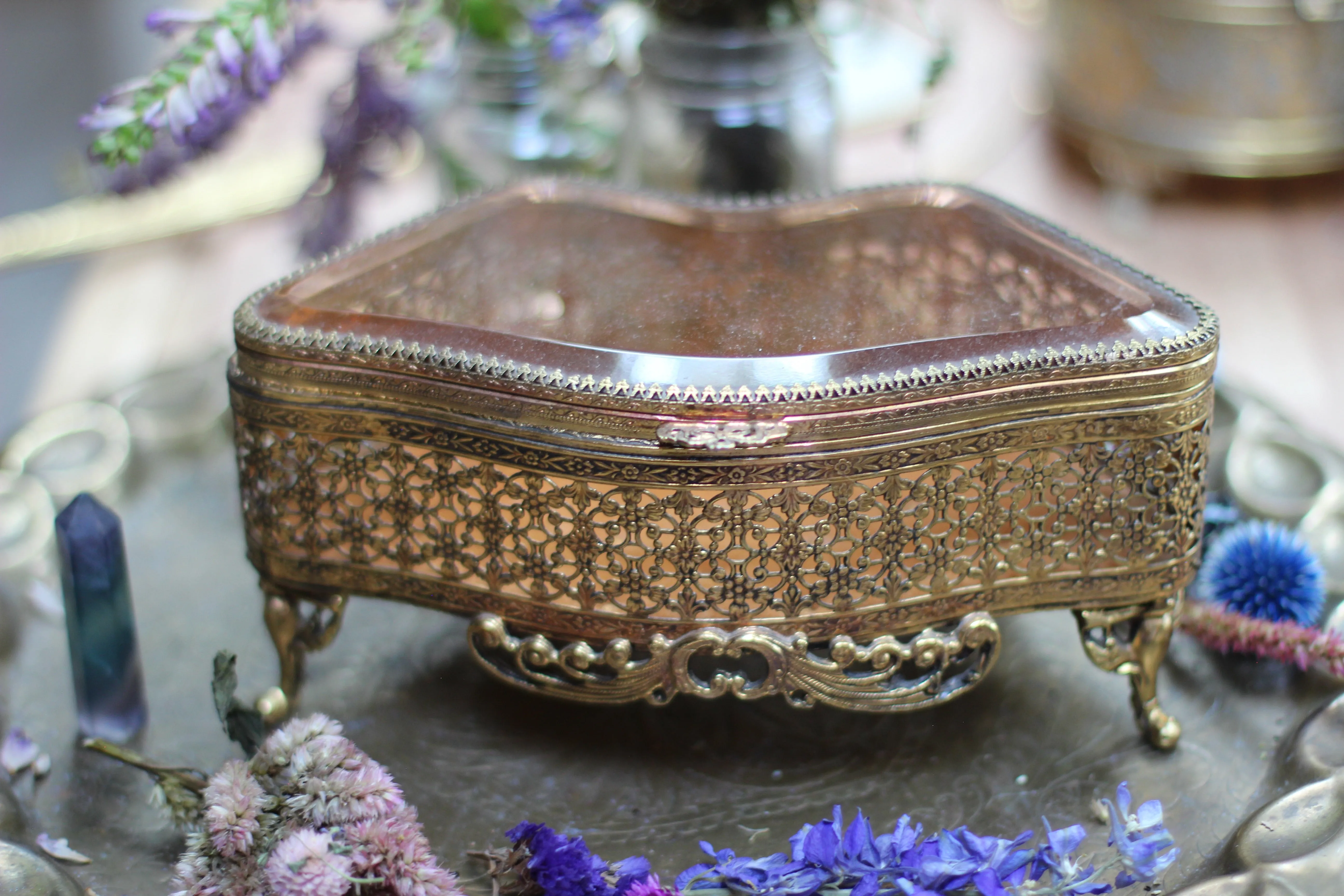 Beveled Glass Bronze Victorian Jewelry Box