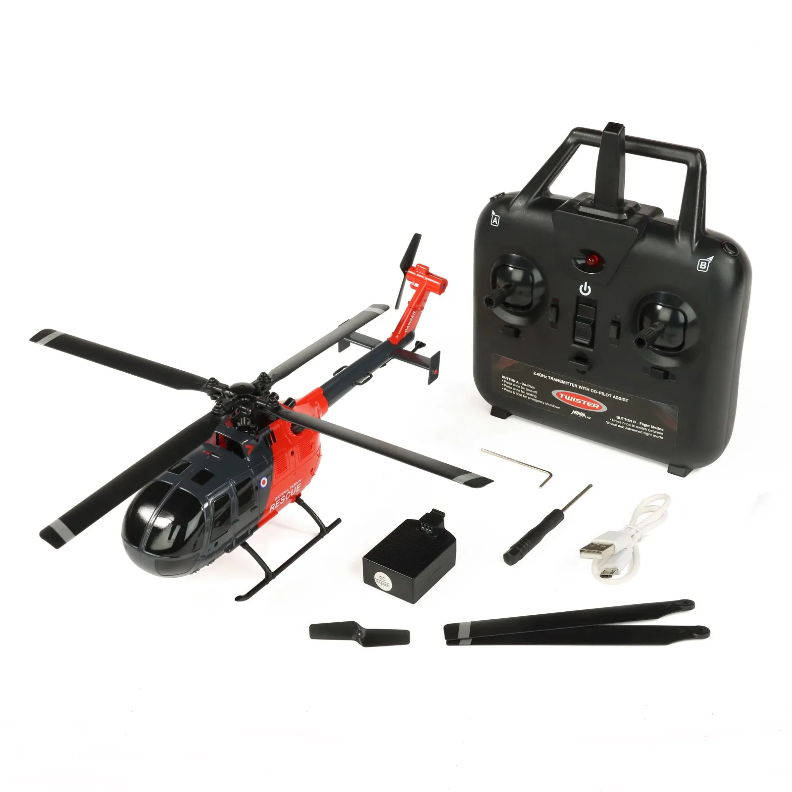 BO-105 Scale 250 Flybarless Helicopter with 6 Axis Stabilisation and Altitude Hold (Grey/Red)