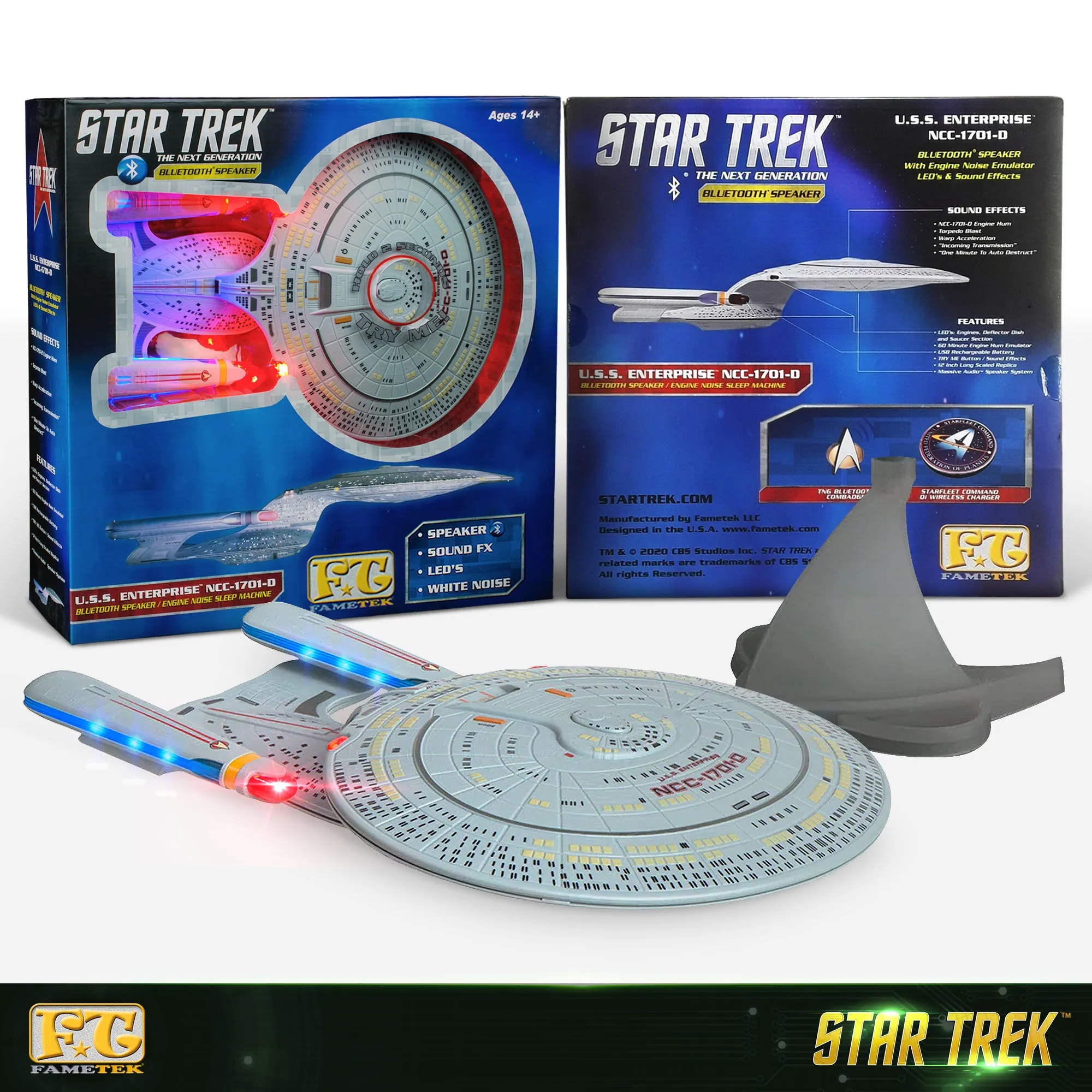 BUNDLE - Star Trek Enterprise 1701-D Bluetooth Speaker, with Enterprise Emblem Illuminated Logo Qi Charger