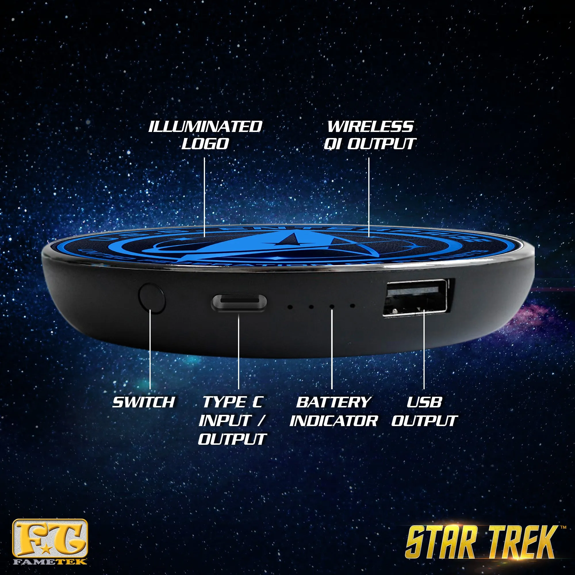 BUNDLE - Star Trek Enterprise 1701-D Bluetooth Speaker, with Enterprise Emblem Illuminated Logo Qi Charger