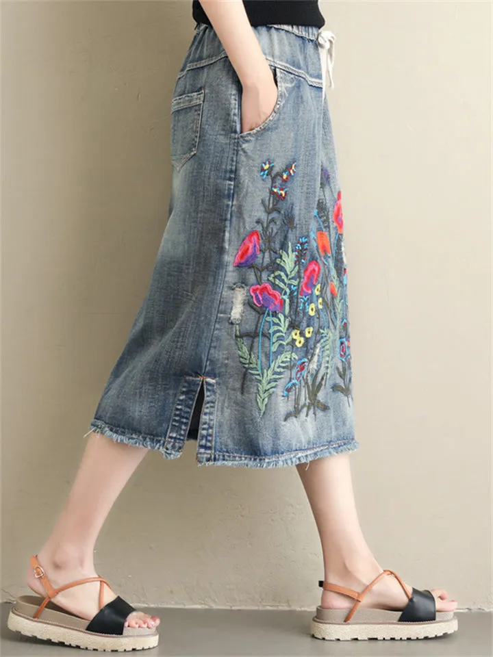 Denim Embroidery Long Skirts