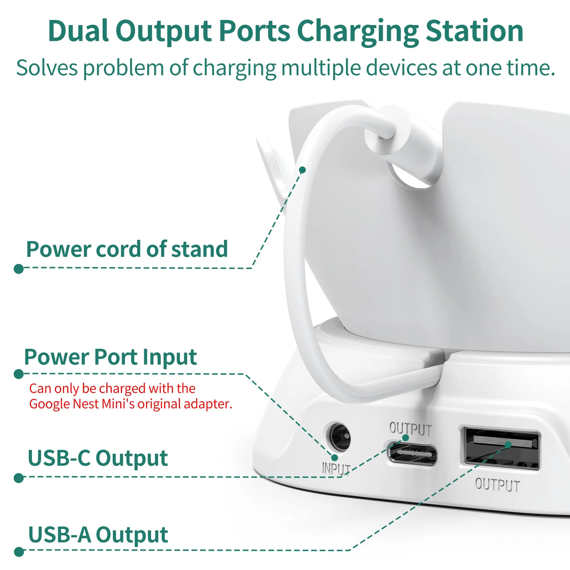 Desk Stand for Google Nest Mini (2nd Gen) with USB-C/A Charging Port