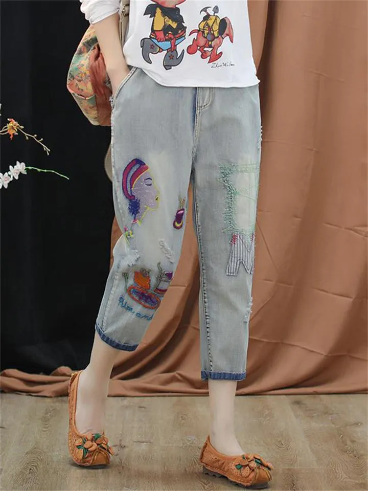 Elastic-waist Cropped Pants Embroidery Jeans