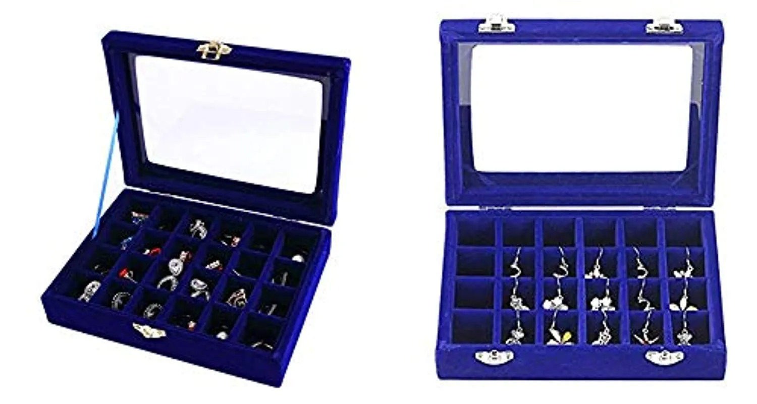 Electomania Velvet Fabric Glass Jewelry Ring Display Box Tray Holder Storage Box Organizer