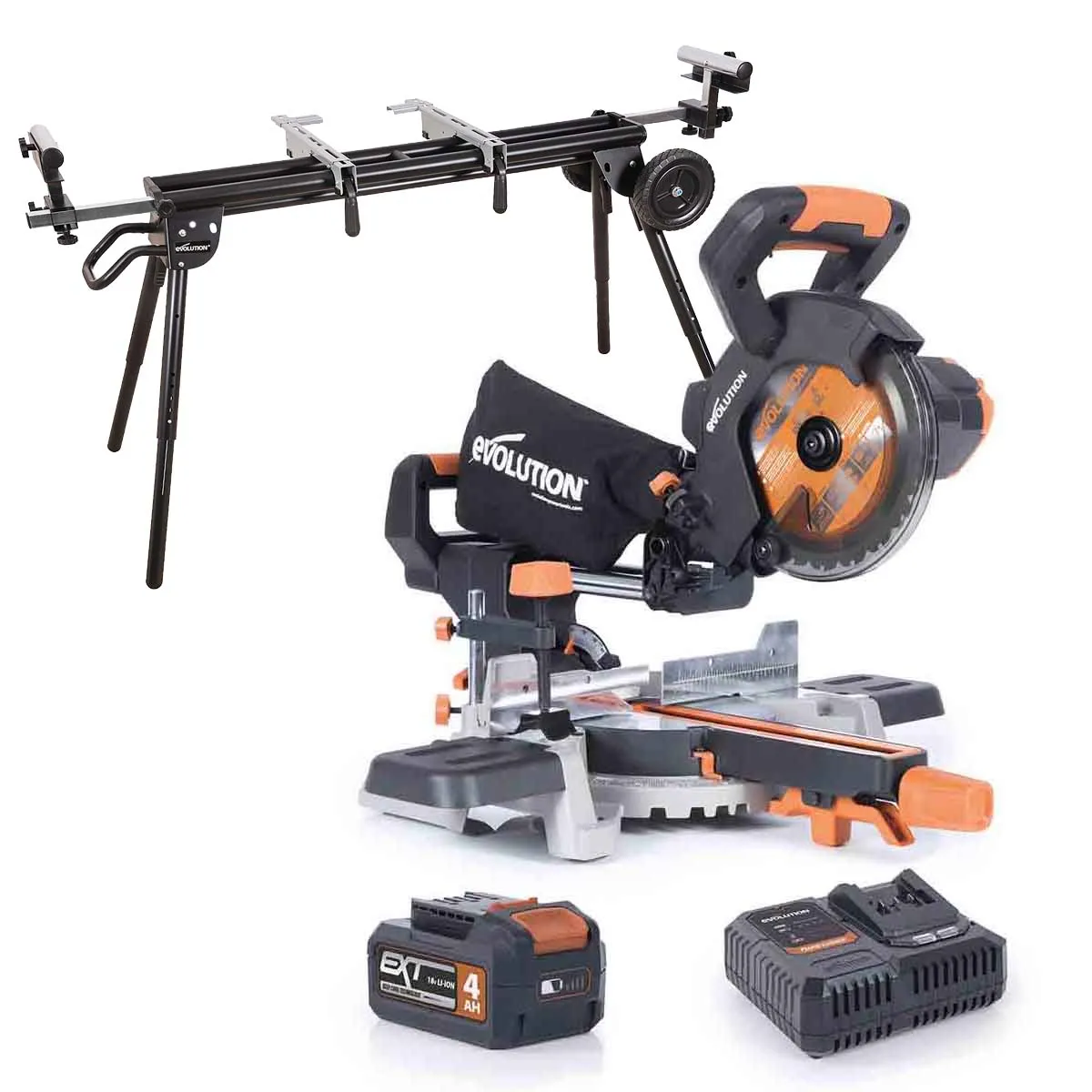 Evolution Cordless R185SMS-Li 185mm Sliding Mitre Saw & Evolution XL Rolling Mitre Saw Stand Bundle