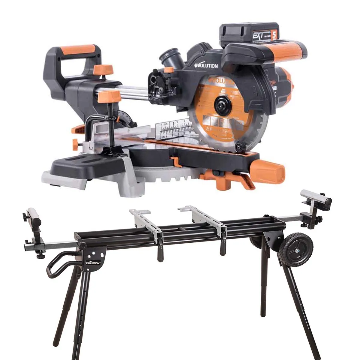 Evolution Cordless R185SMS-Li 185mm Sliding Mitre Saw & Evolution XL Rolling Mitre Saw Stand Bundle