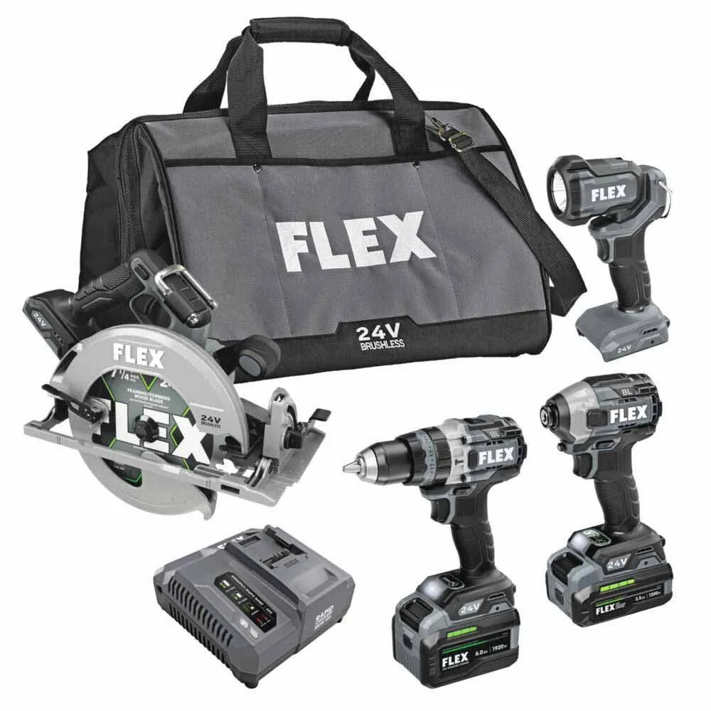 Flex FXM403-2G 4 Tool Combo Kit, Turbo Hammer Drill Driver, Impact Driver Quick Eject , 7 1-4 Circ Saw and Work Light, Stacked-Lithium