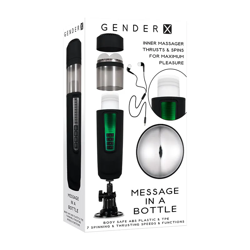 Gender X Message In A Bottle Rechargeable Thrusting Spinning Stroker With Suction Cup Base Black