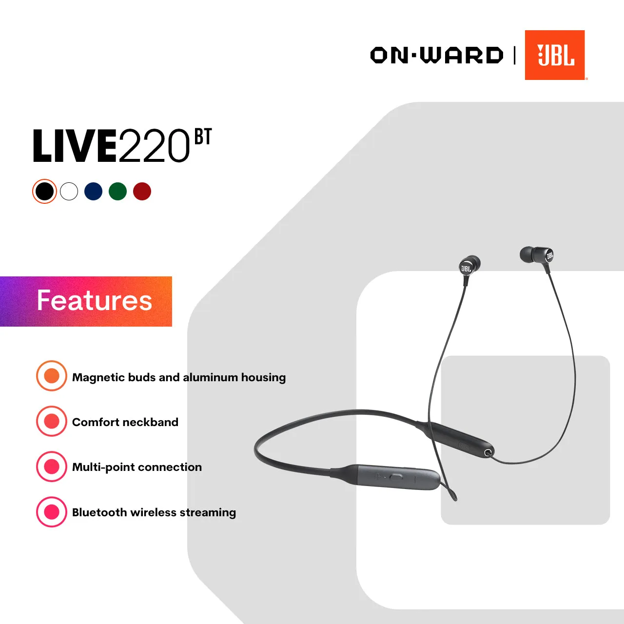 JBL LIVE 220BT Wireless in-ear neckband headphones