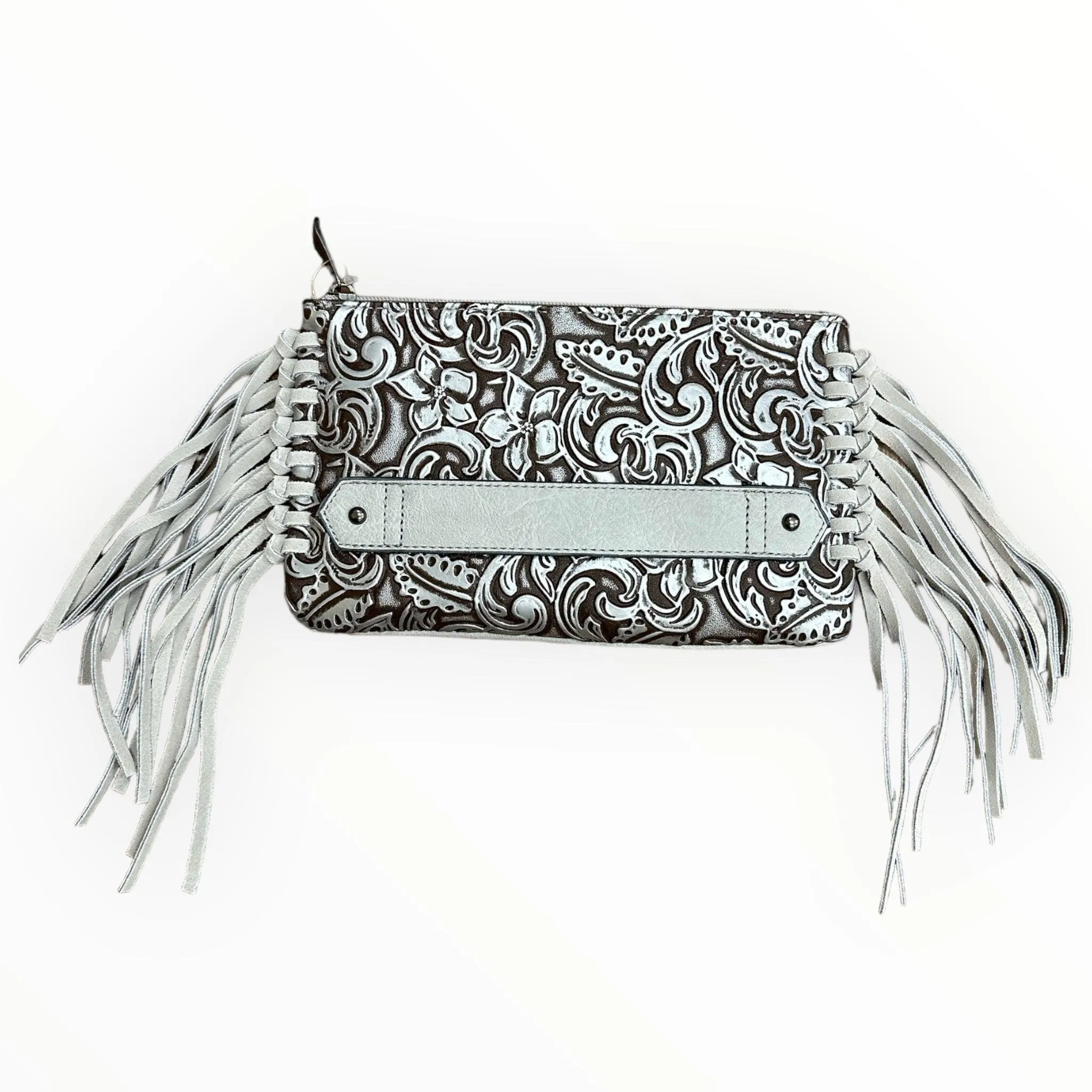 Justin Silver Wash Tooled Clutch Wallet Purse with Fringe 2176790WHT