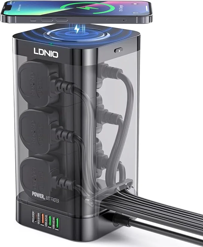 LDNIO Tower Extension Lead with 6 Sockets, 4 USB Slots & Wireless Charger, Power Strips with 24Hr Time Switch and 2M Extension Cord