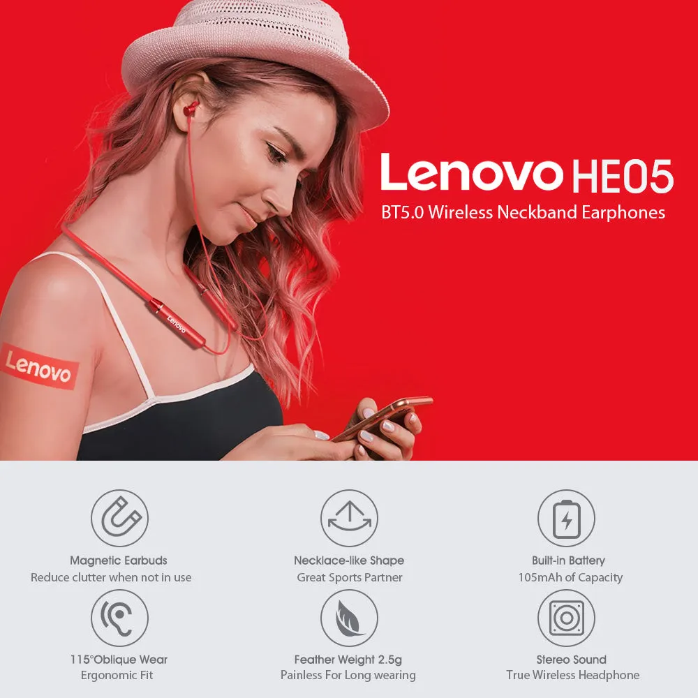 Lenovo HE05 Bluetooth Wireless Neckband Earphone