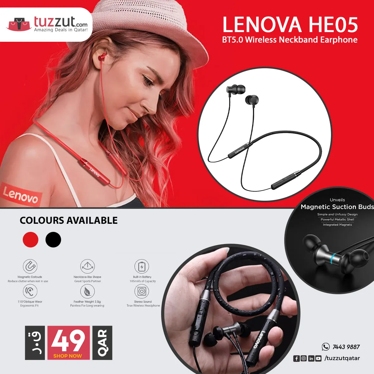 Lenovo HE05 Bluetooth Wireless Neckband Earphone