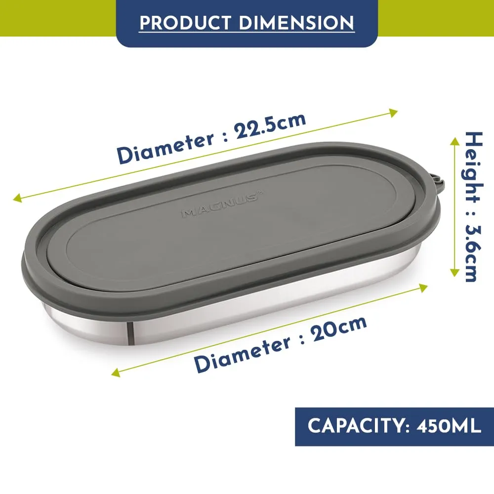 Magnus Easy Lock Oval Prime Container, Stainless Steel, Airtight & Leakproof Lid & Container, For School, Office Picnic, Ideal for Men,Women and Kids (Grey,450ml)