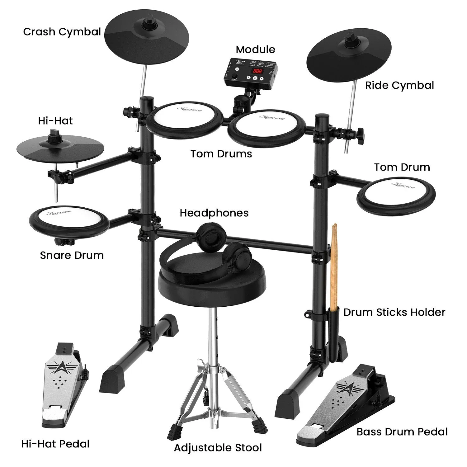 Mesh Pads, 12 Sound Modes, USB Electronic Drum Kit – Karrera