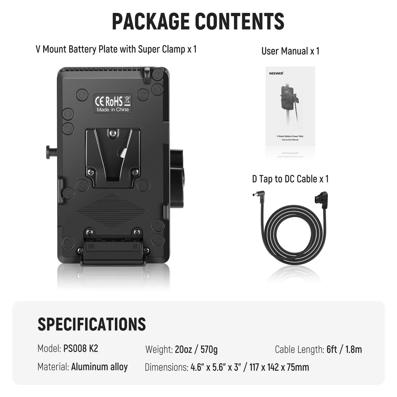 NEEWER PS008 K2 V Mount Battery Plate & D Tap to DC Cable for MS Series