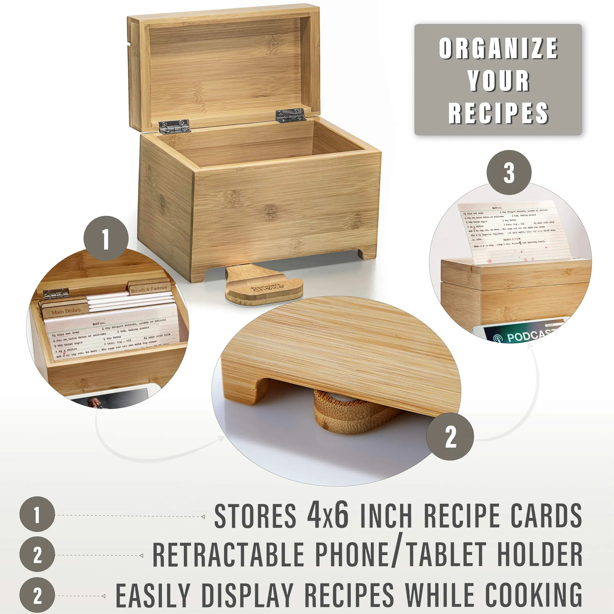 Prosumer's Choice Bamboo Recipe Card Organizer with Fold Out Tablet and Smartphone Stand