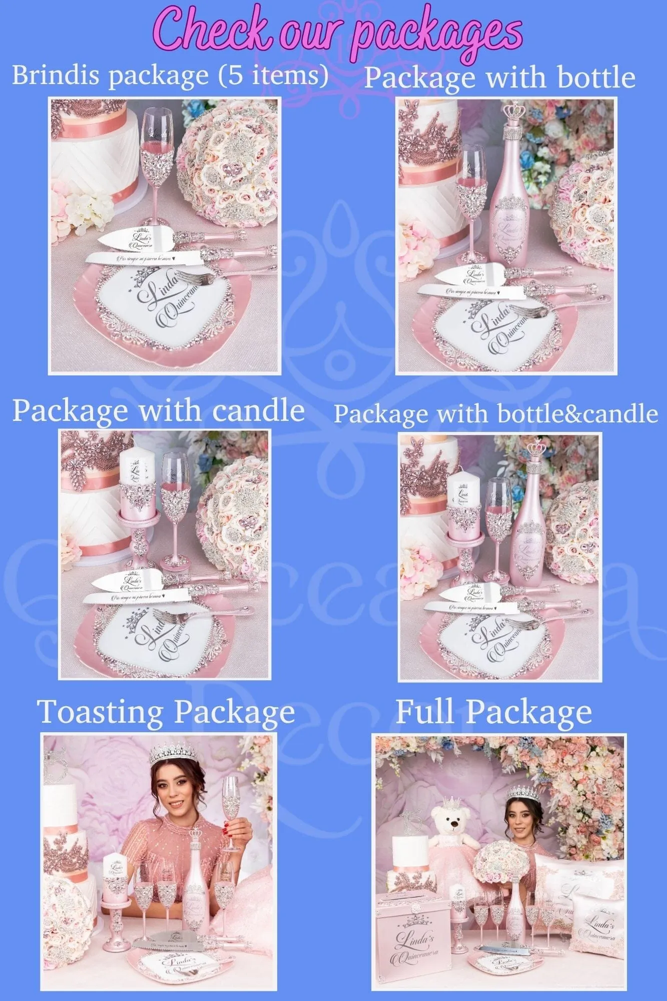 Purple Gold Quinceanera brindis package with bottle and candle