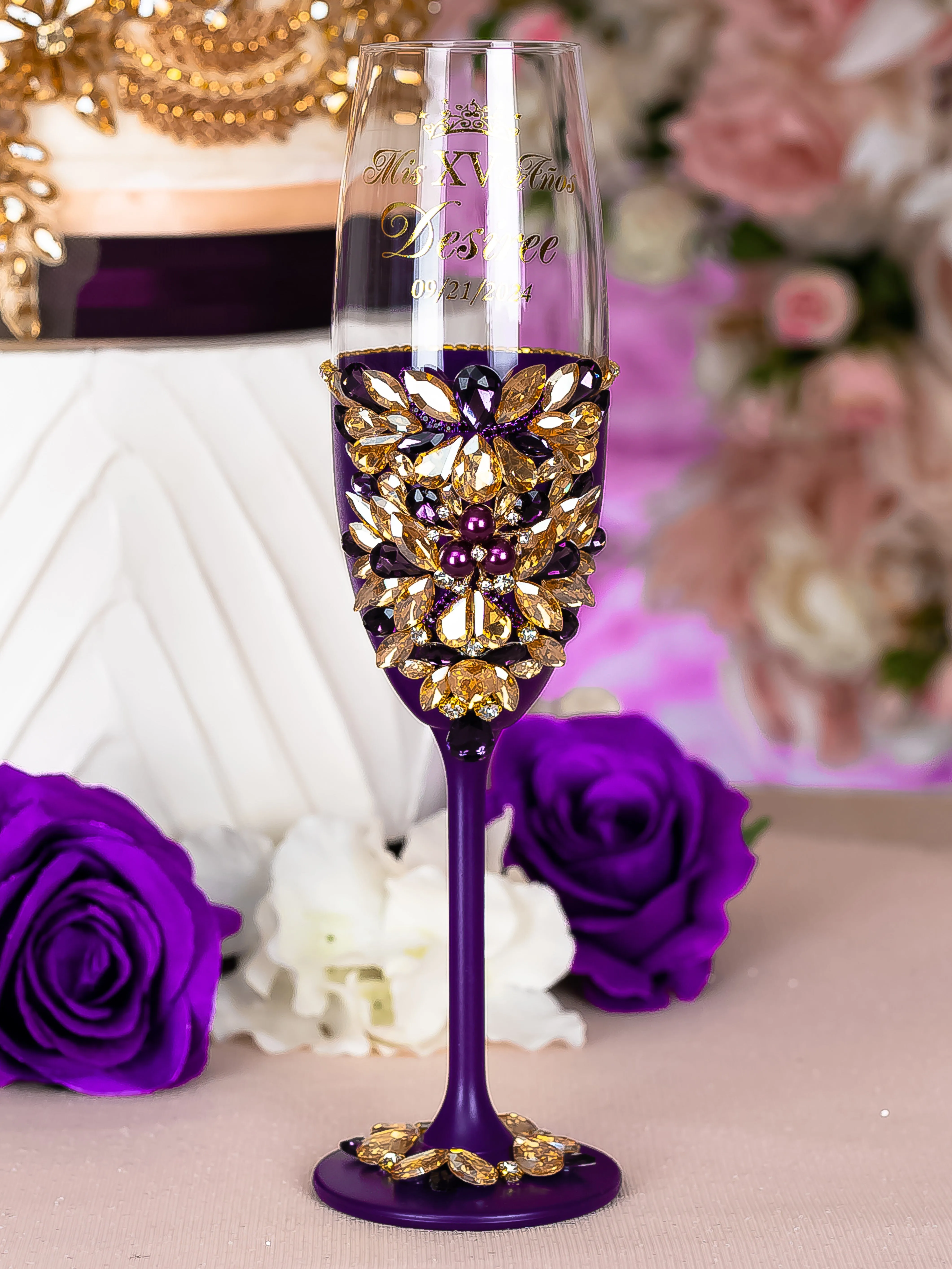 Purple Gold Quinceanera brindis package with bottle and candle