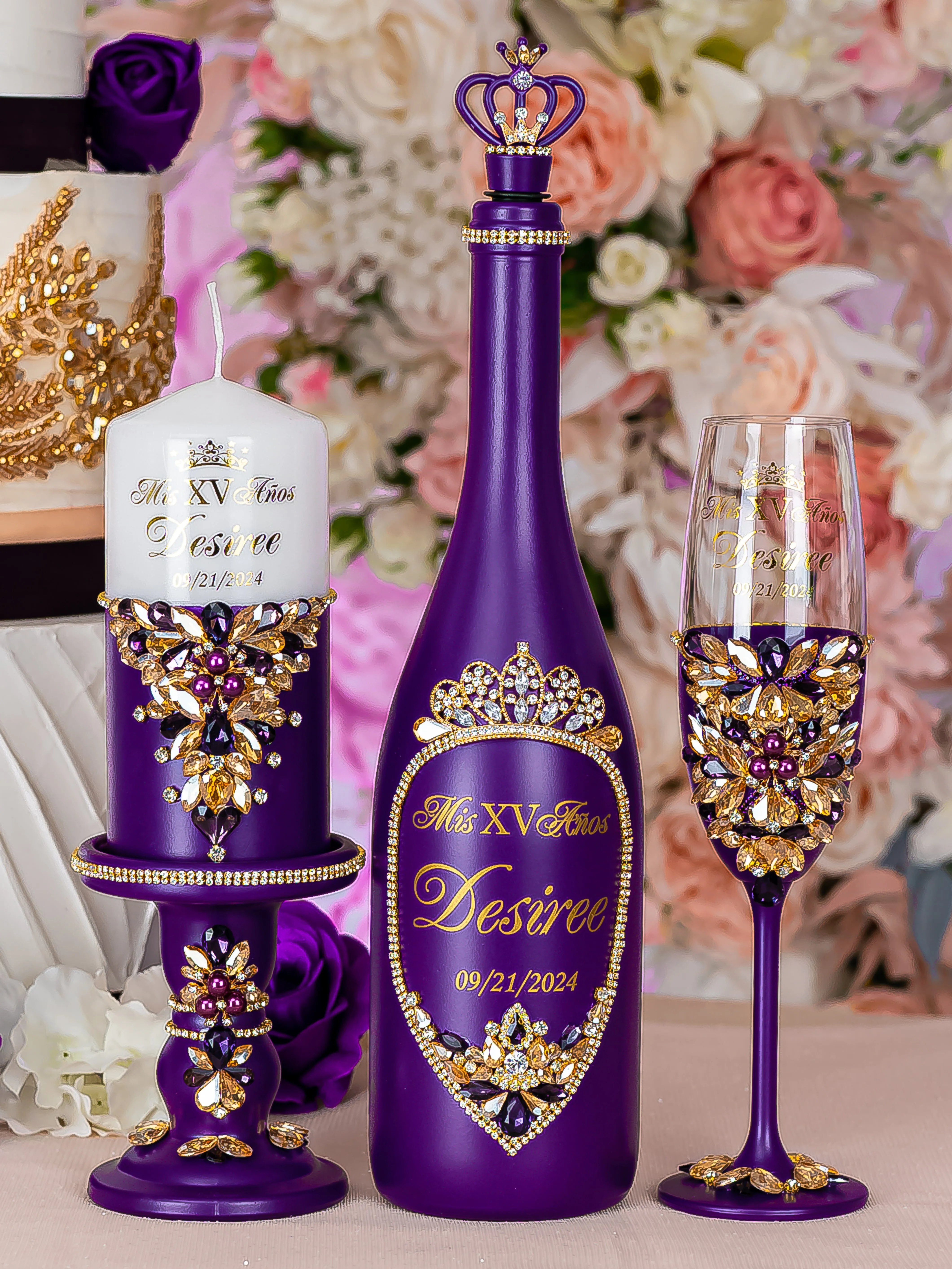 Purple Gold Quinceanera brindis package with bottle and candle