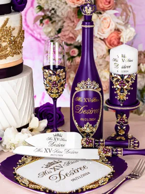 Purple Gold Quinceanera brindis package with bottle and candle