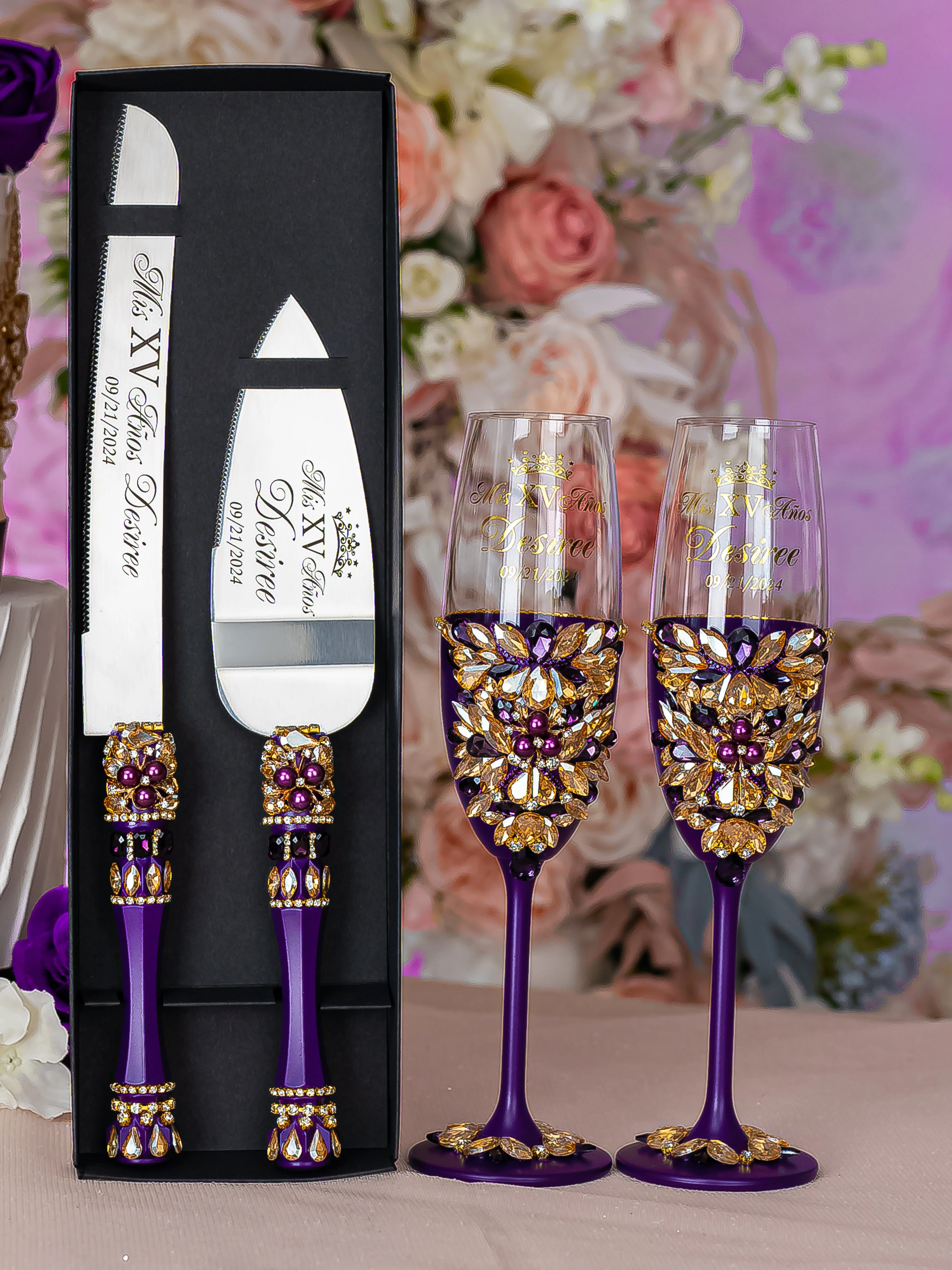 Purple Gold Quinceanera Brindis Package with Bottle