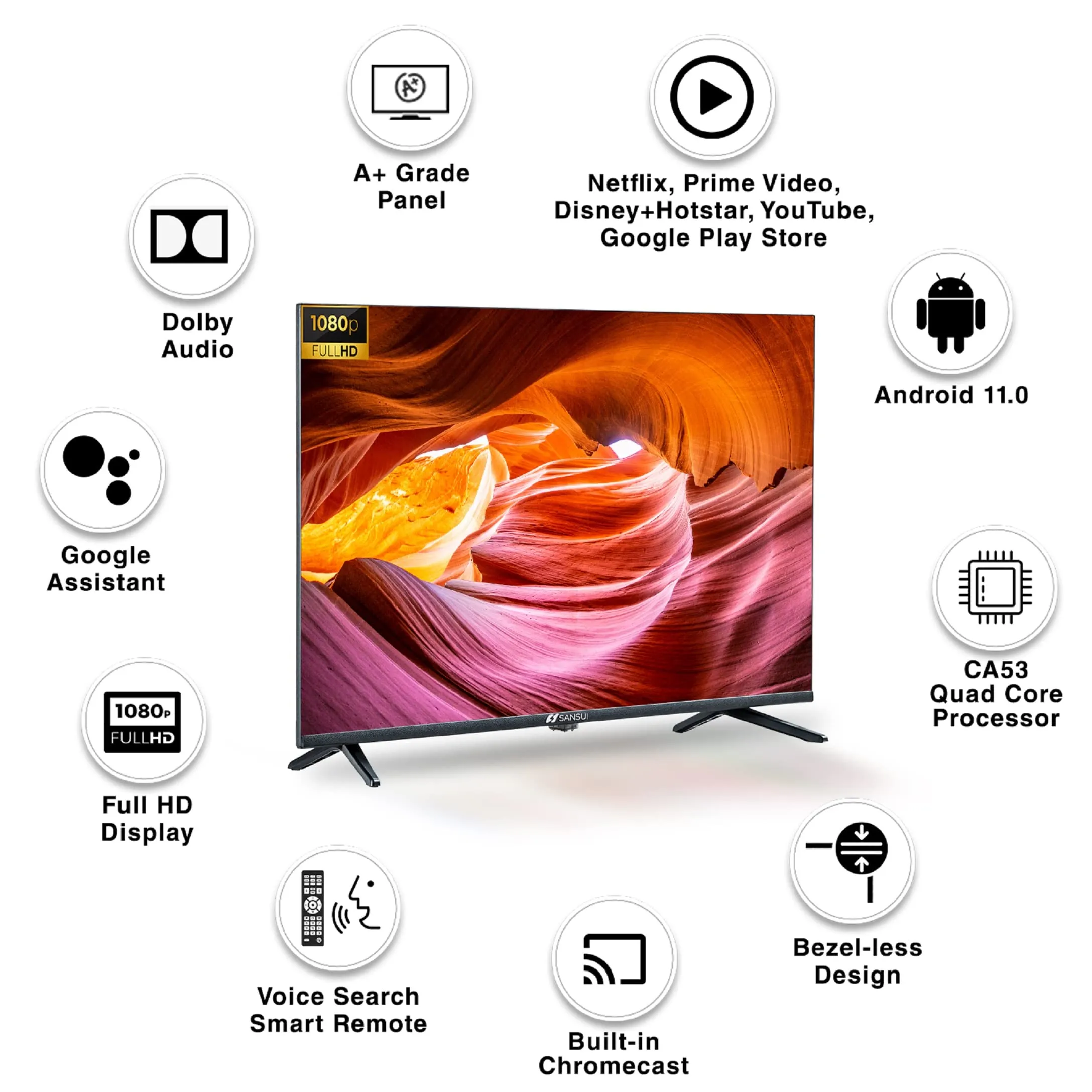 Sansui 109cm (43 inches) Full HD Certified Android LED TV JSW43ASFHD (Midnight Black) With Voice Search Smart Remote