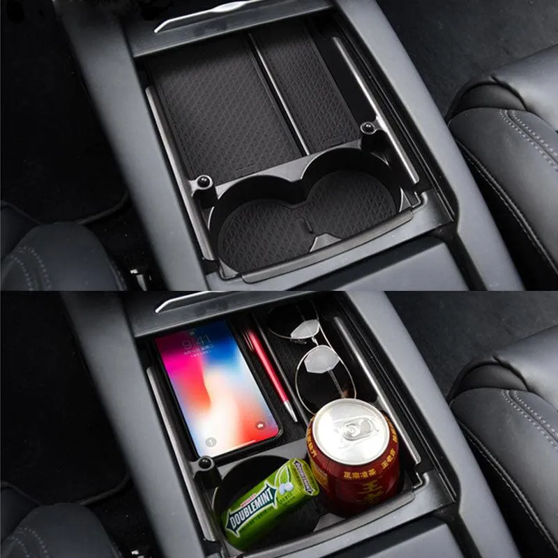 TAPTES Center Console Organizer Storage Box with Cup Holder for Model S