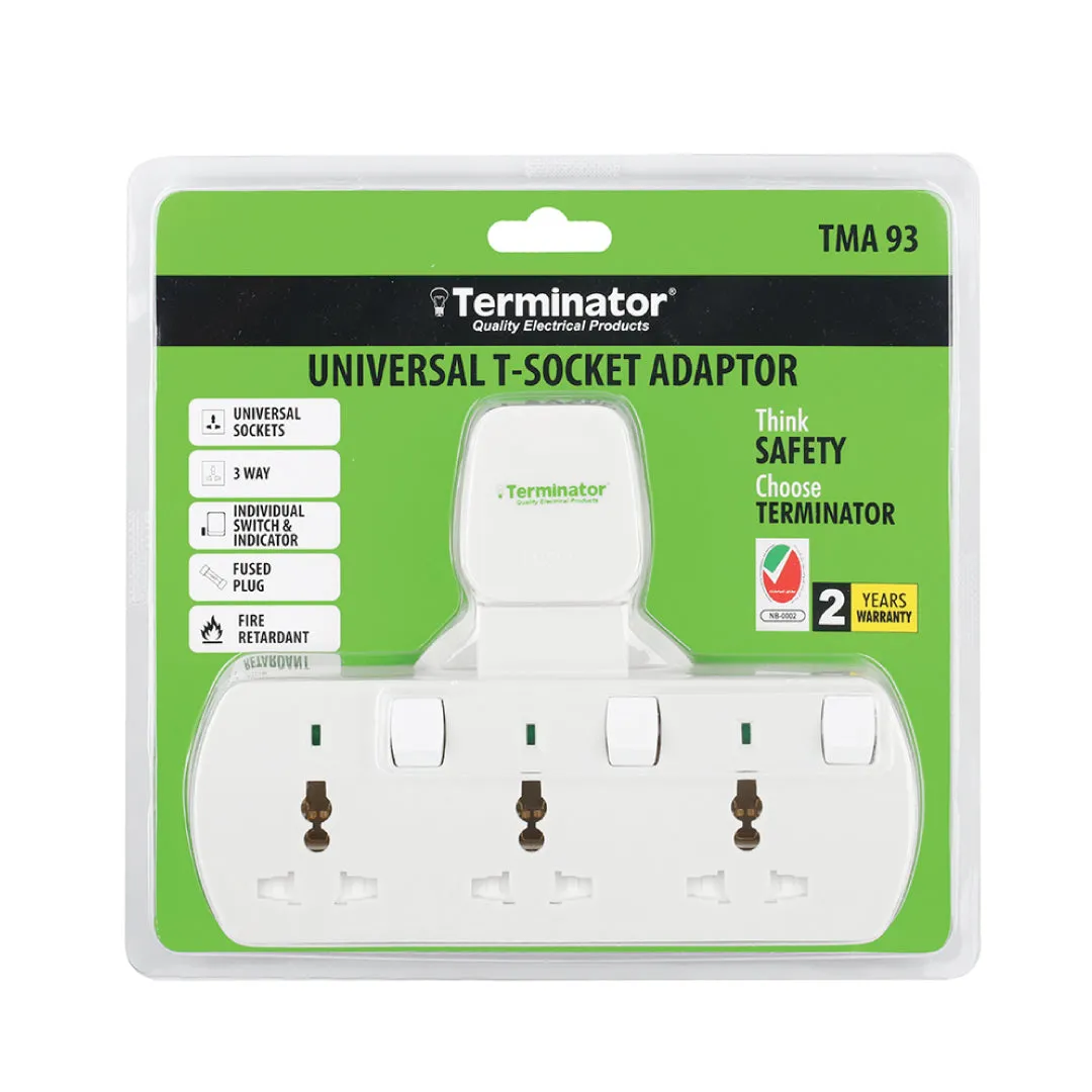 Terminator 3-Way Universal T Socket Adaptor With Individual Switch & Indicator - TMA 93