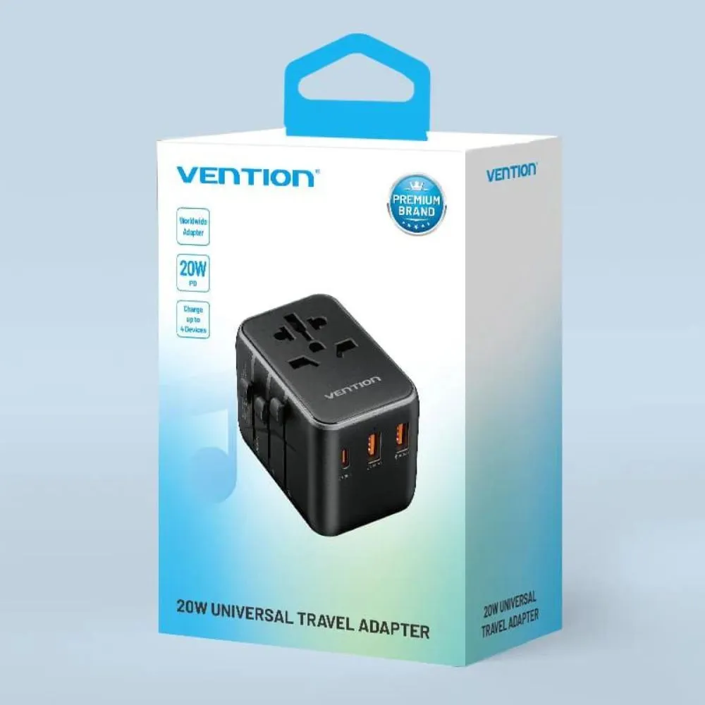 Vention 20W Multi-Port Fast Charger Universal Travel Adapter with US/AU/UK/EU Male and Female Plugs for Smartphone, Tablet, Laptop etc. | FJE