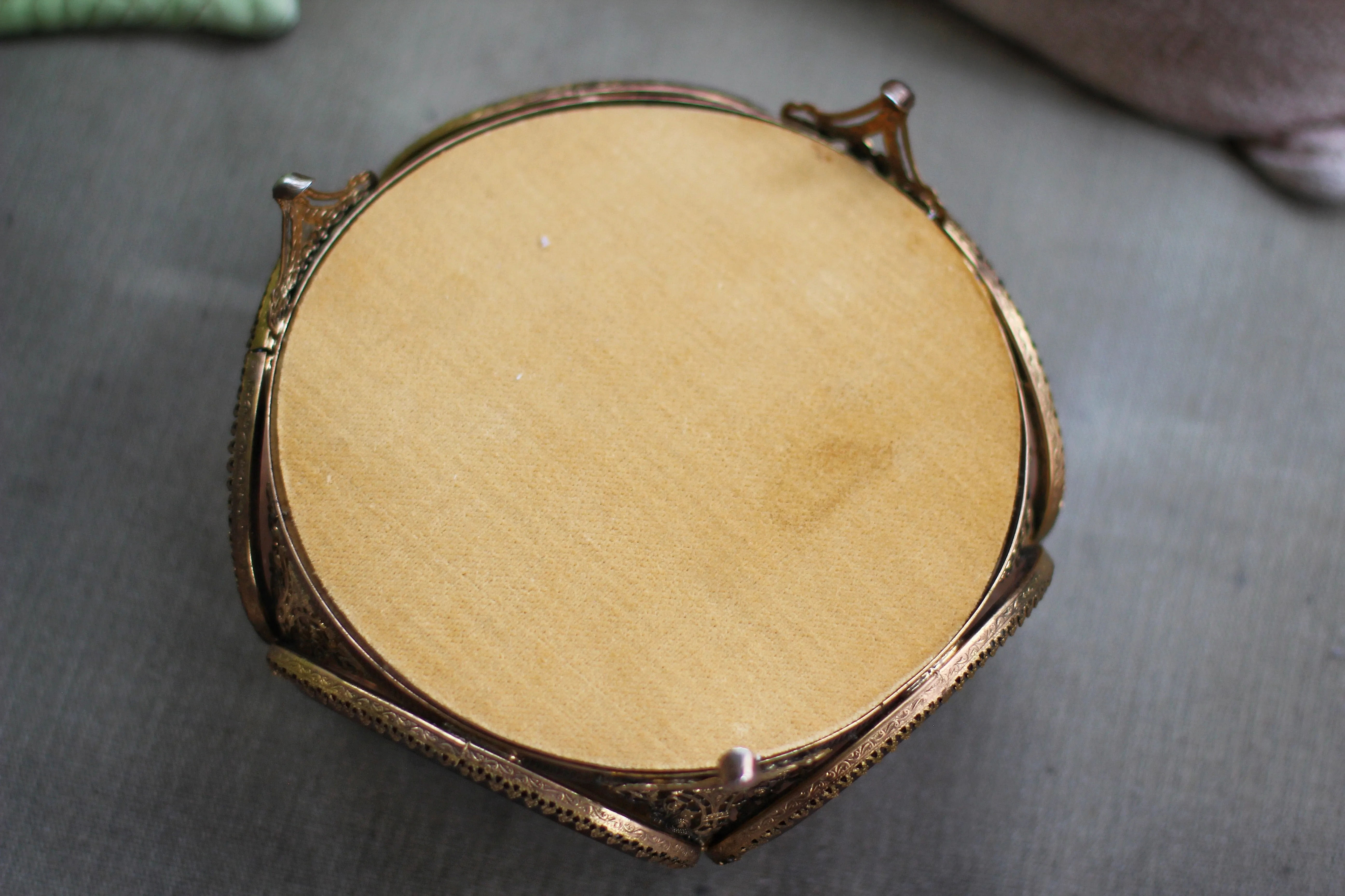 Vintage Amber Tinted Glass Tufted Jewelry Box